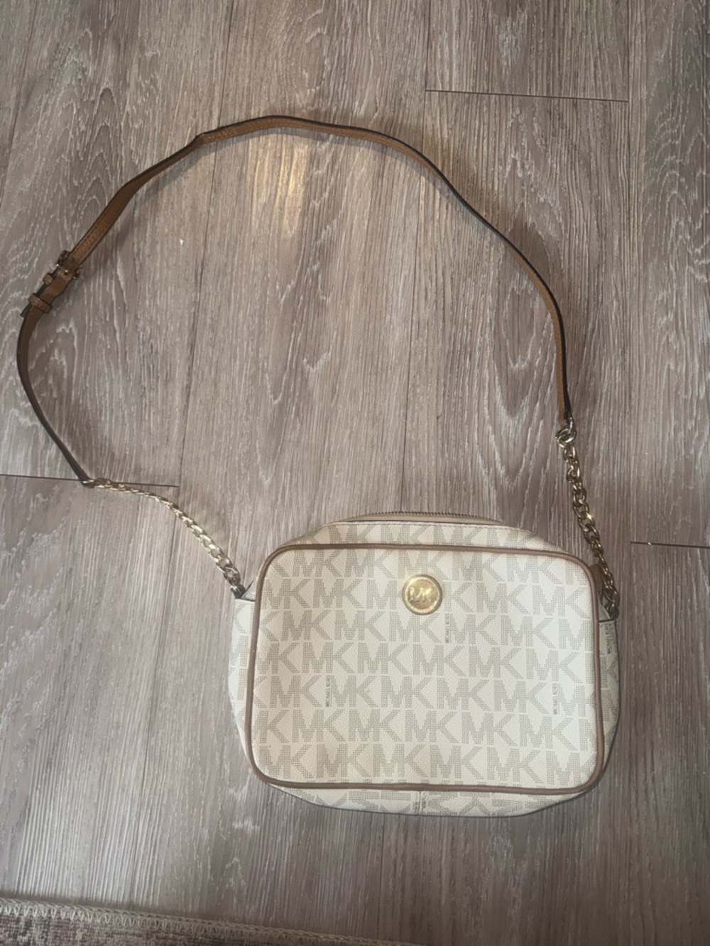 Michael Kors Cream and Tan MK Signature Crossbody